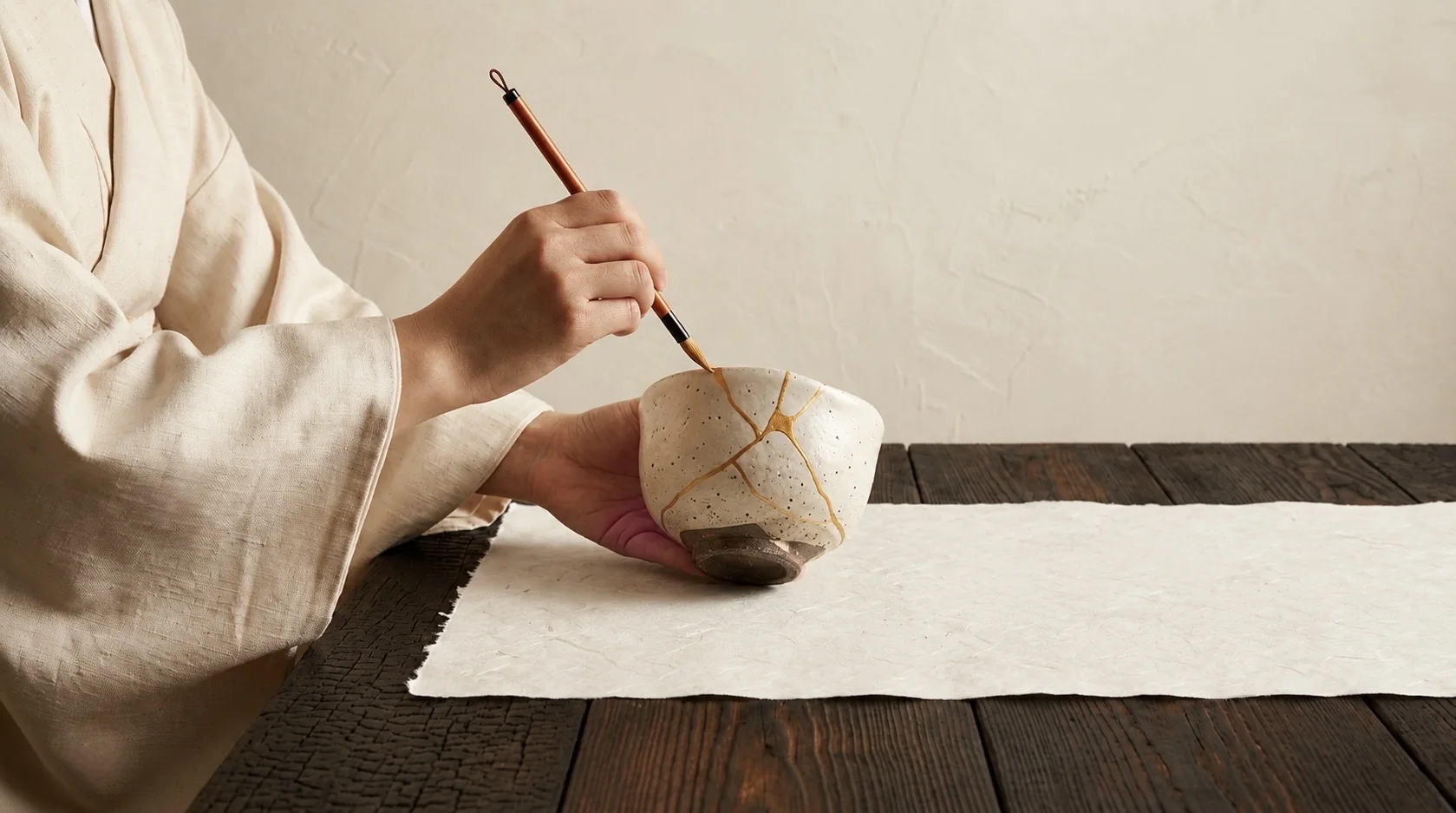 Unas manos pintan con un pincel fino las grietas doradas de un cuenco de cerámica blanca.